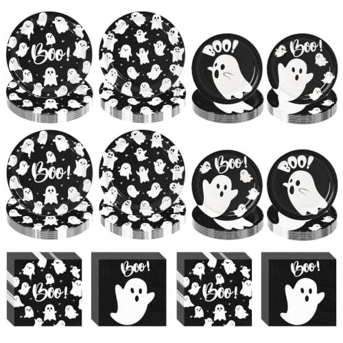 Ghost Halloween Party Supplies Set - Black Boo Variation, Paper Plates & Napkins, 180PCS