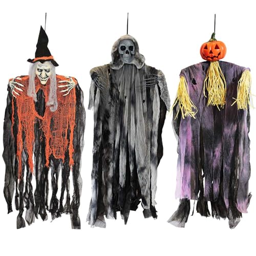 Halloween Hanging Ghosts Set - 3 Animated Outdoor Decorations for Porch Yard Garden