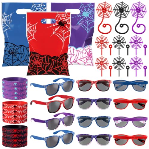 96 Pieces Spiderweb Party Favor Set with Bracelets Glasses and Gift Bags - Vibrant
