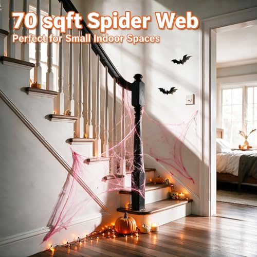 Small Pink Halloween Spider Web Decoration Kit with 12 Fake Spiders - Stretch Cobwebs Indoor Use