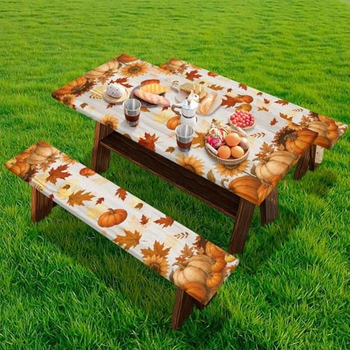 Outdoor Fall Picnic Table and Bench Cover Set - Pumpkins Sunflowers Maple Leaves, Small