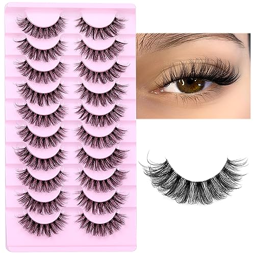 Cat Eye Lashes Fluffy D Curly False Eyelashes 14mm 3D Wispy Strips - 10 Pairs