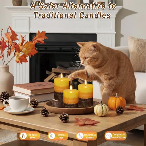 AFINETH Orange Flameless Pillar Candles Set of 3 with Remote - Fall Home Decor