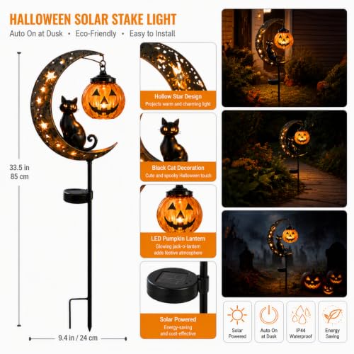 Halloween Black Cat LED Lantern Waterproof Outdoor Holiday Decoration with Crescent Moon & Hanging Jack-O'-Lantern