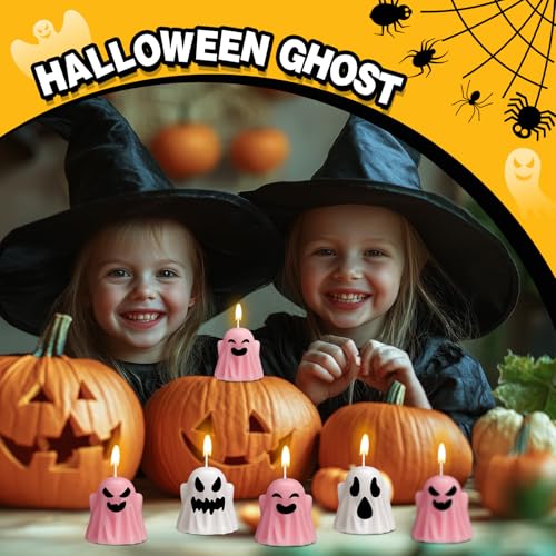 Halloween Ghost Candles Set - White & Pink Spooky Party Decor - Modern Style