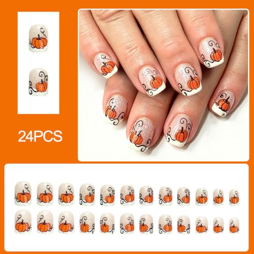Maple Leaf Pumpkin Glitter French Tip Press On Nails - Autumn Theme, 24Pcs