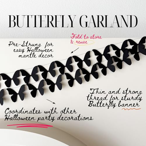 Black Butterfly Garland - Pre-Strung Felt Halloween Wall Decor, 9 Feet - Black
