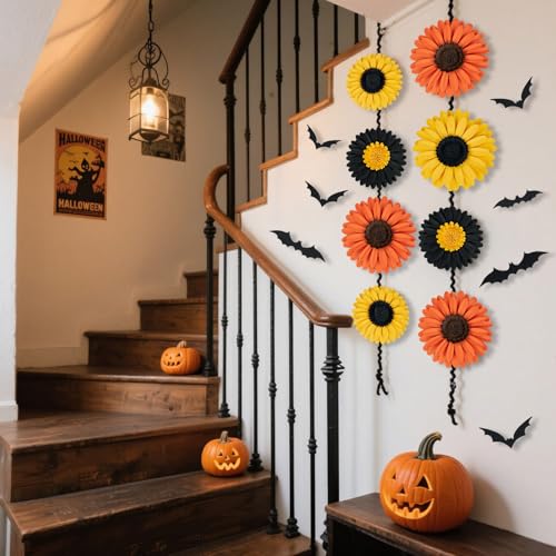 Halloween Daisy Paper Decorations for Office & Wall - Bats, Webs, Fall Flowers - Halloween Party Decor