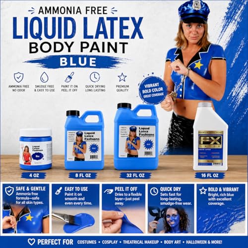 Blue Liquid Latex Body Paint 32 Oz for Cosplay & Special Effects - Ammonia Free