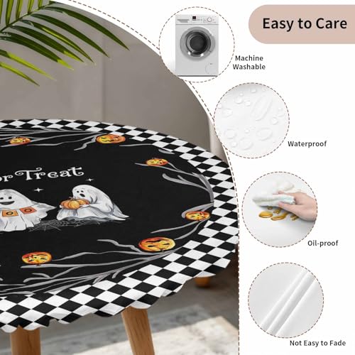 Halloween Fitted Round Tablecloth - Trick Or Treat Quotes Waterproof Cover with Elastic Edge, 45-54 Inch, Black
