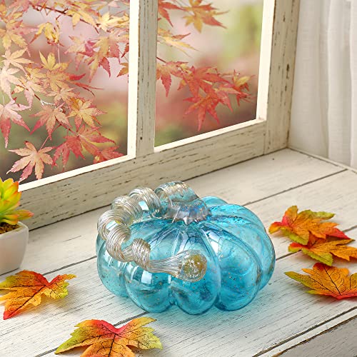 Glitzhome Hand Blown Glass Pumpkin Decor - 5 Inch Blue Fall Centerpiece
