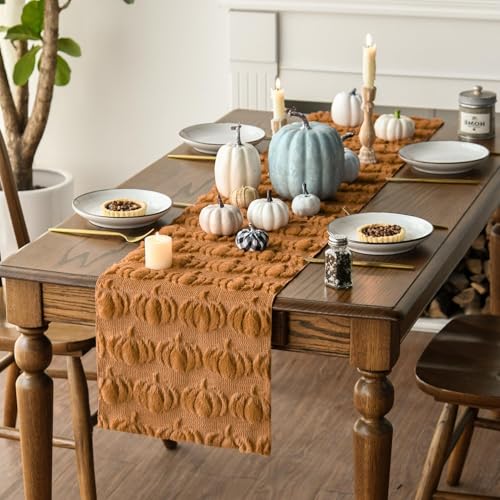 Artoid Mode Caramel Faux Fur Pumpkins Fall Table Runner 13x72 Inch