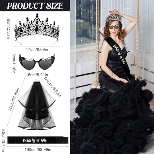 Gothic Bride Bachelorette Party Decorations Set - Black Tiaras Veil Sash & Glasses
