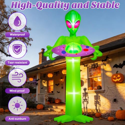 10FT Tall Inflatable Alien with UFO Halloween Outdoor Decoration - Sci-Fi Yard Inflatable with Lights & Stakes