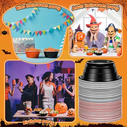Disposable Halloween Plastic Bowls 23oz Bulk Set with Handles - Black and Orange