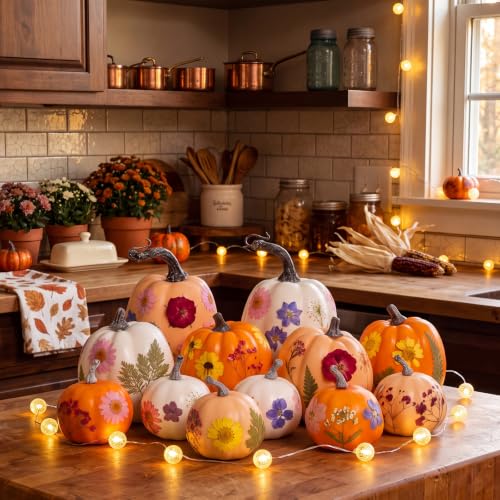 White Orange Foam Pumpkin DIY Kit with Dried Flowers - 12 Pumpkins & Accessories