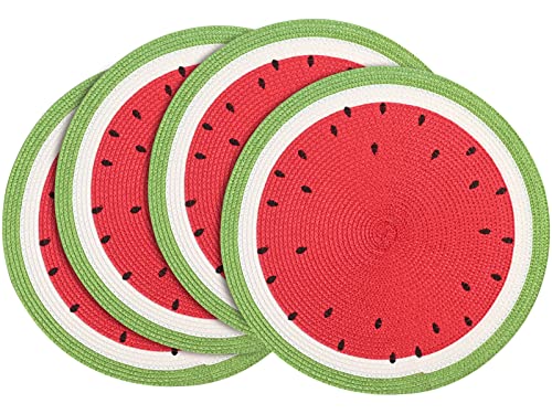 Watermelon Placemats Set of 4 - Round Braided 15 Inch Indoor Outdoor Table Decor - Red Variation