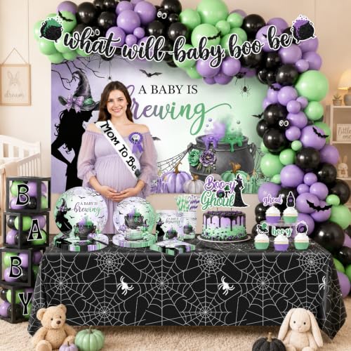 Halloween Baby Shower Decorations Set with Plates Napkins Cups Banner & Backdrop - 288pcs