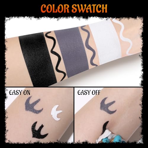 Black White Grey Face & Body Paint Kit with Applicator - Skeleton Halloween Makeup - Travel Size