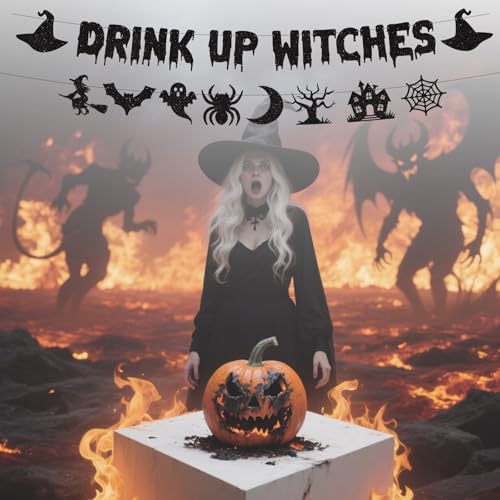 Halloween Witch Banner Garland - 2Pcs Glitter Black Witch Party Decorations with Variation: Black