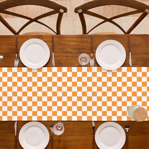 Orange White Checkered Table Runner - Fall Thanksgiving Wedding Decor 13 x 72