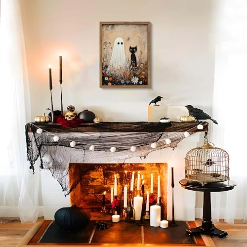 Ghost Black Cat Framed Halloween Wall Art - 24x16 Inch Spooky Cat Decor
