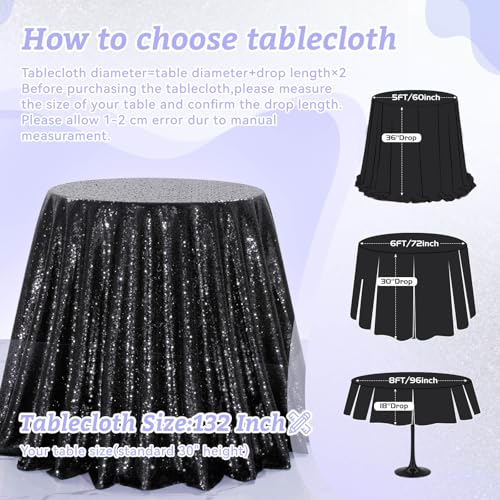 132 Inch Black Sequin Round Tablecloth for Weddings & Parties - Reusable
