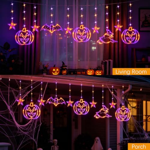 BeePeep Halloween Window Lights Decorations - Orange & Purple Curtain LED Set - 8.5FT with Remote & Timer
