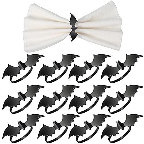 Halloween Bat Napkin Rings Set - Black Metal Table Decor for Parties