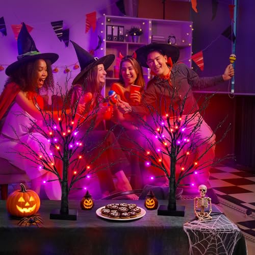 Set B Halloween 24-Inch Black Trees with Orange & Purple LED Lights - Indoor Decor