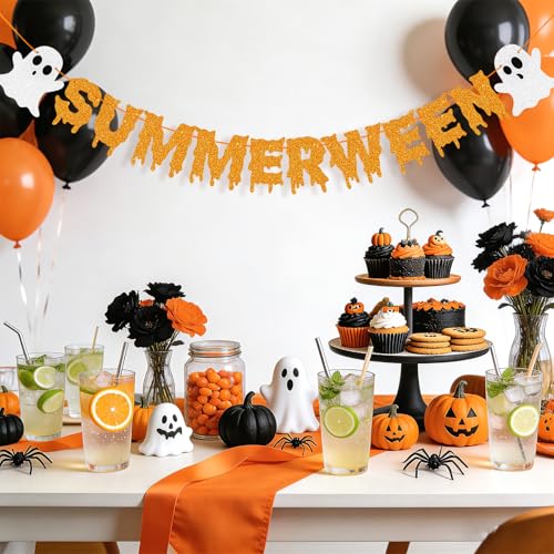 Summerween Banner Decorations Spooky Halloween Party Garland - Glitter Orange
