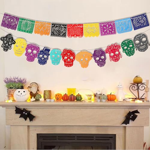 Dia De Los Muertos Decorations Ofrenda Set with Marigold Flowers & Papel Picado Banner