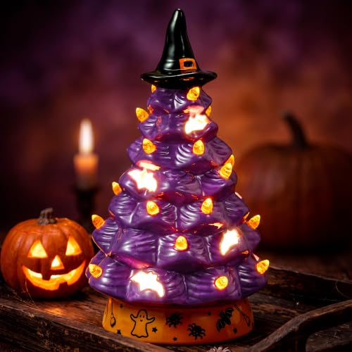 Purple Halloween Ceramic Tree with Bat Cutouts and LED Light - 8.5 Inch Witch Hat Decor