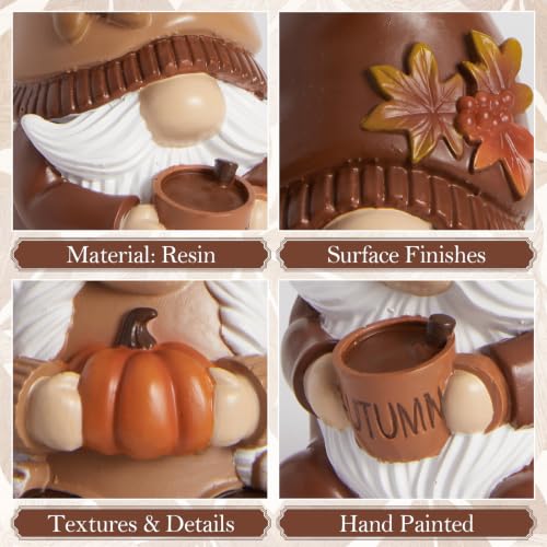 Fall Gnomes Set of 2 Resin Decorations - Brown & White Autumn Table Centerpieces