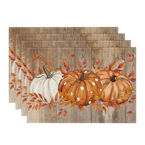 Rectangular Fall Leaves & Pumpkins Placemats Set of 4 - 12x18 Inch, Wood Style
