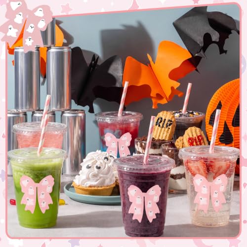 Sliner 16 oz Pink Bow Ghost Plastic Cups with Straw - Halloween Party Supplies, 50 Pack