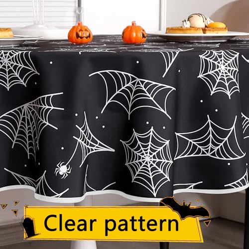 60-Inch Round Halloween Spider Web Waterproof Tablecloth - Black