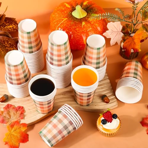 Fall Plaid Paper Cups 9oz - Thanksgiving Orange Green Checkered Party Cups - 100 Pack