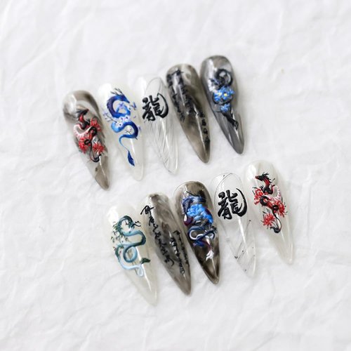 2Sheets Embossed Dragons Nail Art Stickers Decals for Women Girls Year of Dragon Acrylic Manicure DIY Salon Nail Decorate Supplies (Dragon-1)