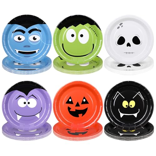 48 Pcs Halloween Paper Plates Set - Disposable Party Dinnerware with Pumpkin, Ghost, Skeleton, Bat & Cat Designs - 9 Inch