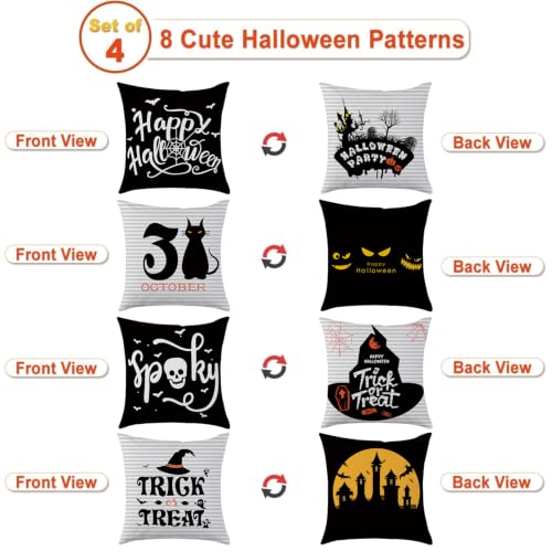 Halloween Pillow Covers 18x18 Set of 4 Double-Sided Decor - Black and Beige Variation