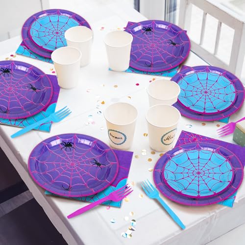 Spider Party Tableware Set for 24 Guests - Blue & Purple Disposable Plates Napkins Cutlery Halloween Birthday