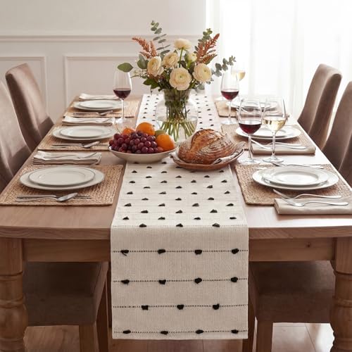 12 x 72 Inch Black Boho Farmhouse Cotton Woven Table Runner for Kitchen & Dining