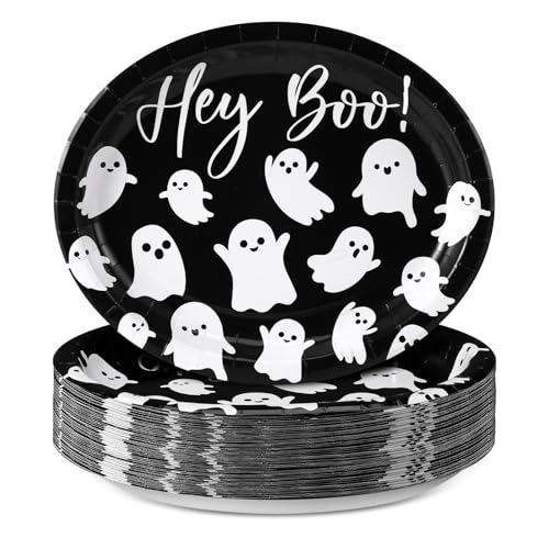 Hey Boo Halloween Paper Plates 11 Inch Ghost Oval Disposable Party Tableware - 50 Pack