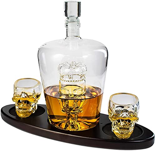 Skull Decanter Set with 2 Shot Glasses and Wooden Base - Gothic Skeleton Whiskey & Tequila Barware - Variation of Skull Set