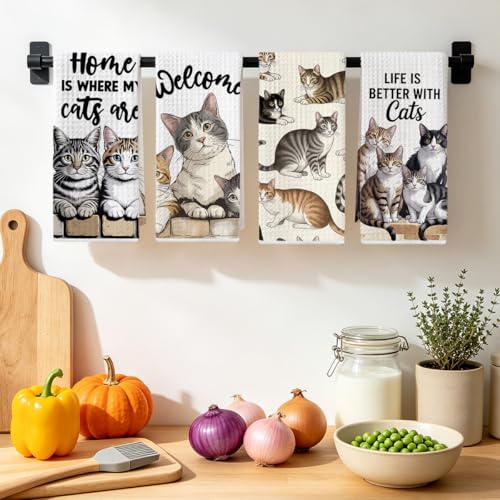 Multi 1482 4 Pcs Cute Cat Kitchen Towels 24x14 Inch Absorbent Hand Towels