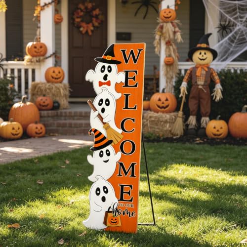 Halloween Welcome Sign for Front Door Ghost & Colorful Pumpkin - 41.3" x 12.6"