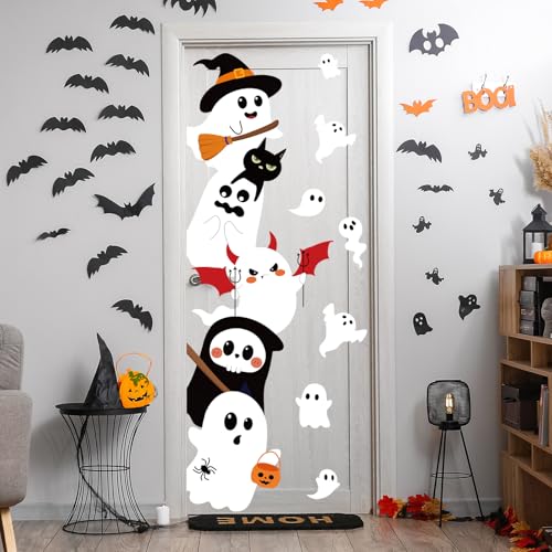 Ghost Halloween Door Stickers - Cute Ghost Wall Decals for Indoor Outdoor Decoration, 35.4 x 11.8 Inches, 2 Sheets