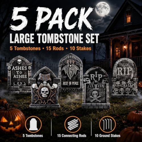 Outdoor Halloween Tombstone Decorations Set - 10 Large Graveyard Headstones for Yard and Lawn Display