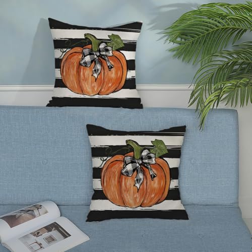 Watercolor Pumpkin Fall Pillow Covers Set of 2 22x22 Inches Black Stripes Halloween Decor
